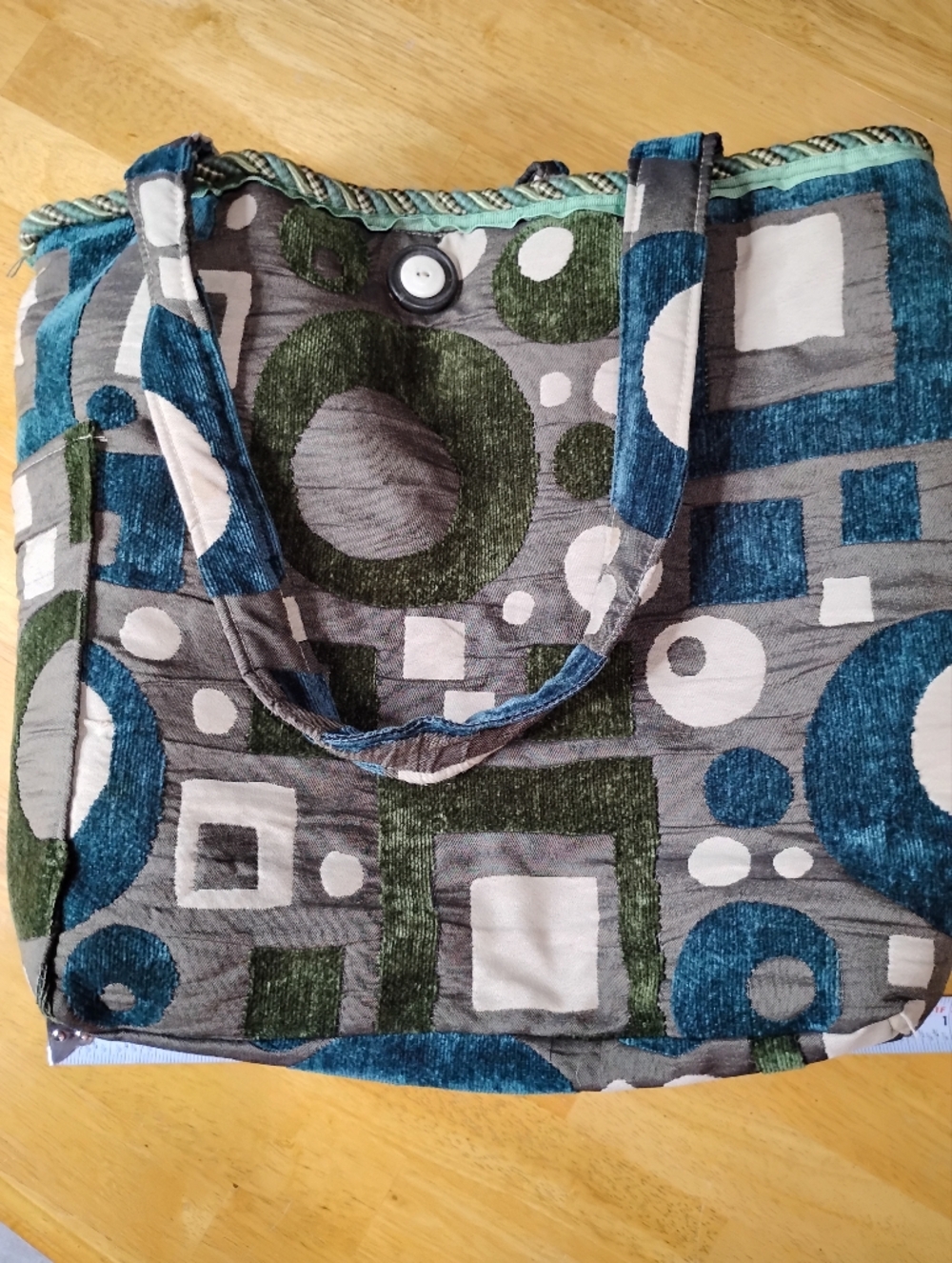 Patterned Tote Bag in Teal, Olive and Gray - Unbranded